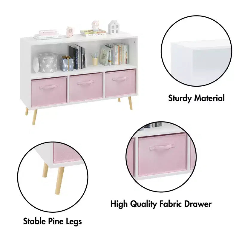 HOMLUX Libreria per bambini a 2 ripiani, Organizzatore di giocattoli, Armadietto per riporre oggetti, Espositore con 3 cassetti, Rosa/Grigio/Blu