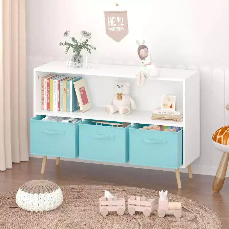 HOMLUX Libreria per bambini a 2 ripiani, Organizzatore di giocattoli, Armadietto per riporre oggetti, Espositore con 3 cassetti, Rosa/Grigio/Blu
