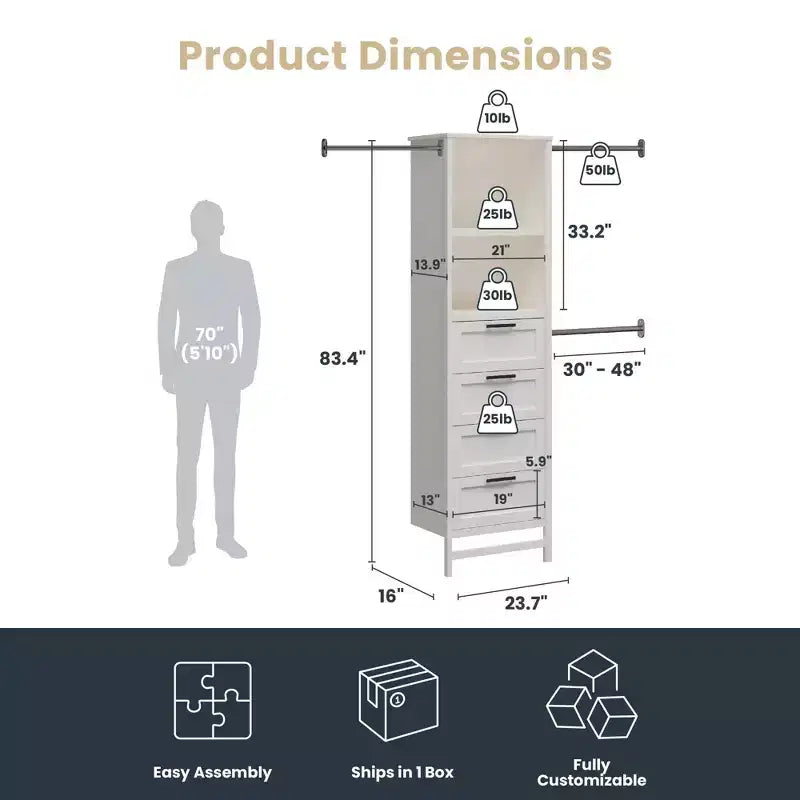 Torre armadio Systembuild Evolution Luxe con 4 cassetti/3 aste appendiabiti regolabili, Rovere Avorio