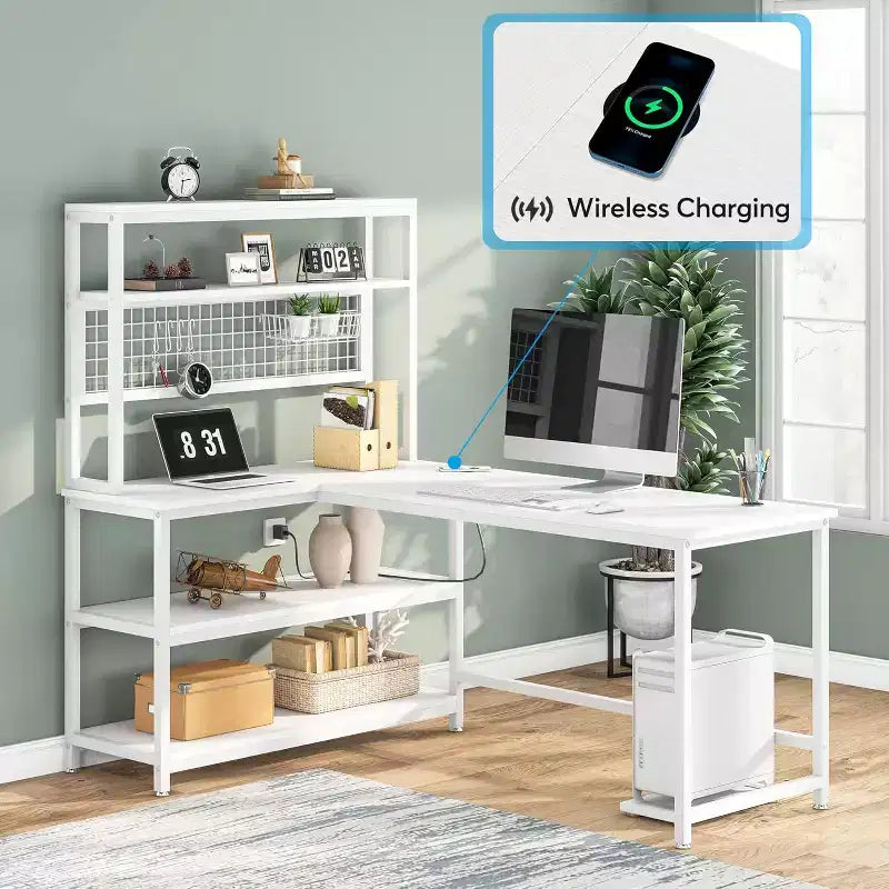 Scrivania grande per computer Tribesigns 55.11 con ricarica wireless e 5 ripiani contenitori