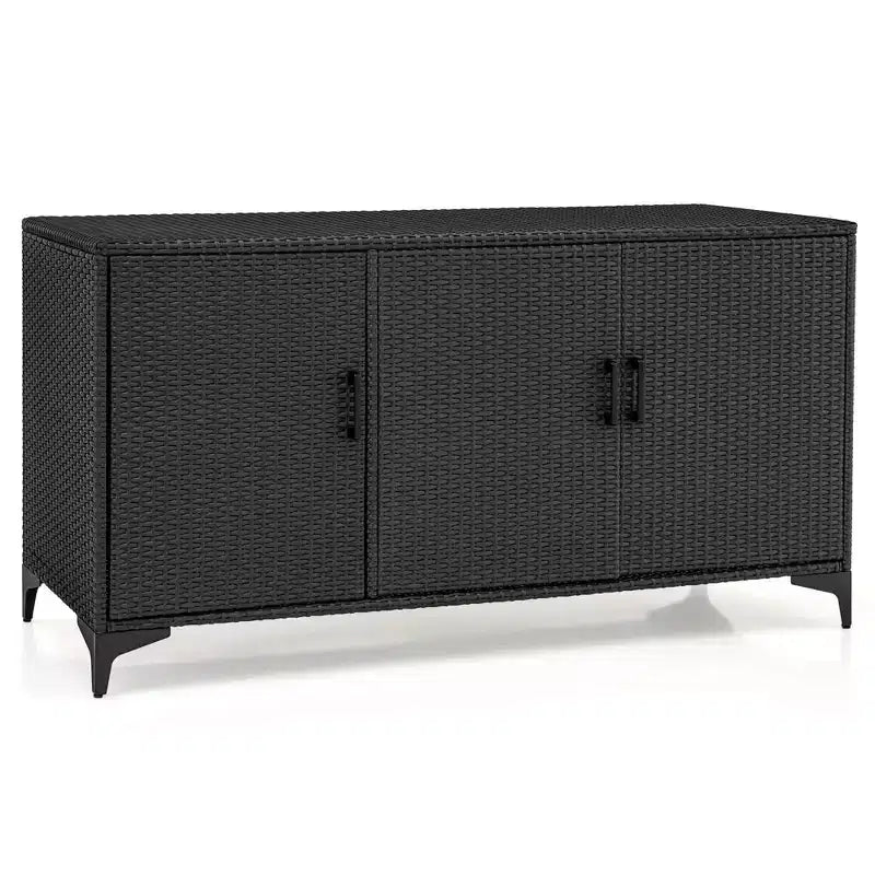 Costway 84 Gallon 3-Door Patio Wicker Storage Cabinet Deck Box with Removable Shelves Black/Mix Brown