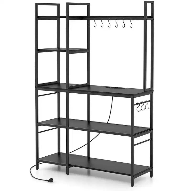 Costway Scaffale per Panettieri a 5 Livelli Tavolo da Bar per Caffè con 10 Ganci a S e Prese di Corrente Marrone Rustico/Nero