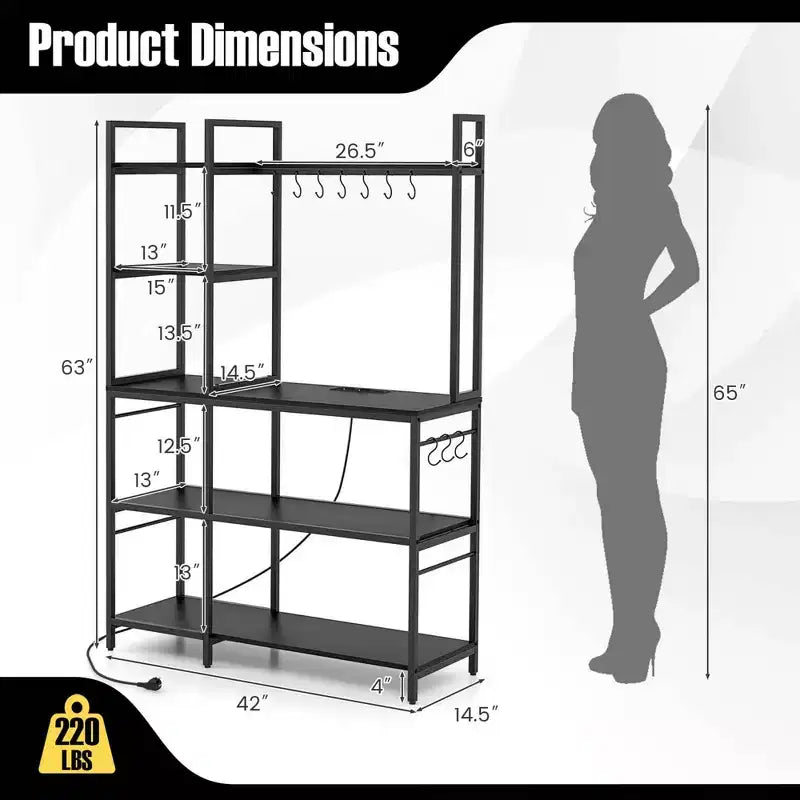 Costway Scaffale per Panettieri a 5 Livelli Tavolo da Bar per Caffè con 10 Ganci a S e Prese di Corrente Marrone Rustico/Nero