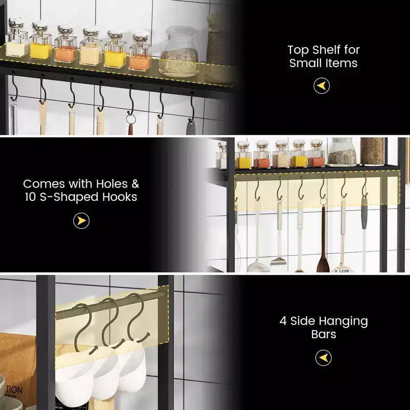Costway Scaffale per Panettieri a 5 Livelli Tavolo da Bar per Caffè con 10 Ganci a S e Prese di Corrente Marrone Rustico/Nero