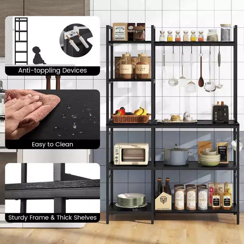 Costway Scaffale per Panettieri a 5 Livelli Tavolo da Bar per Caffè con 10 Ganci a S e Prese di Corrente Marrone Rustico/Nero