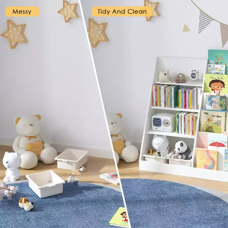 Libreria in Legno per Bambini a 4 Ripiani, Scaffale a 6 Livelli in Tessuto, Porta Libri per Neonati, Espositore per Libri, Mobile Contenitore per Libri e Giocattoli per Asilo Nido e Sala Giochi