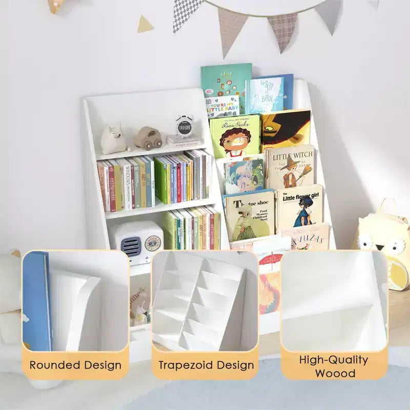 Libreria in Legno per Bambini a 4 Ripiani, Scaffale a 6 Livelli in Tessuto, Porta Libri per Neonati, Espositore per Libri, Mobile Contenitore per Libri e Giocattoli per Asilo Nido e Sala Giochi