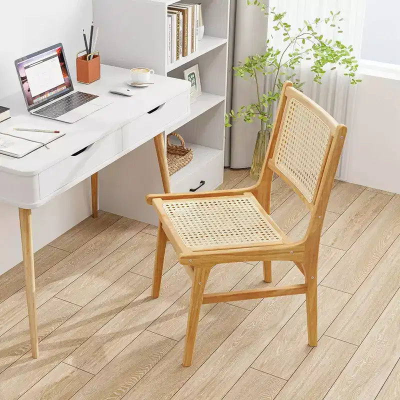 Costway Sedia da Pranzo 1/2 Pezzi in Rattan con Schienale e Seduta in Tessuto di Canna Naturale e Struttura in Legno di Teak
