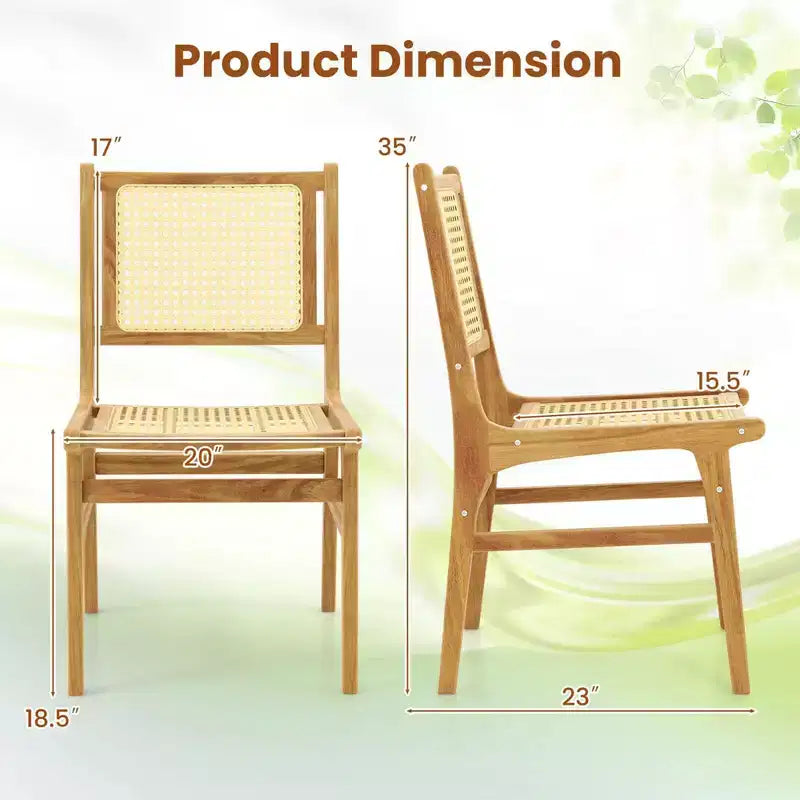 Costway Sedia da Pranzo 1/2 Pezzi in Rattan con Schienale e Seduta in Tessuto di Canna Naturale e Struttura in Legno di Teak