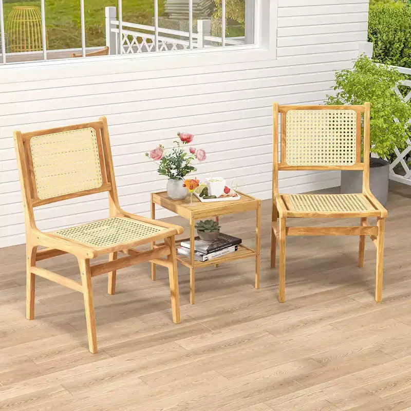 Costway Sedia da Pranzo 1/2 Pezzi in Rattan con Schienale e Seduta in Tessuto di Canna Naturale e Struttura in Legno di Teak
