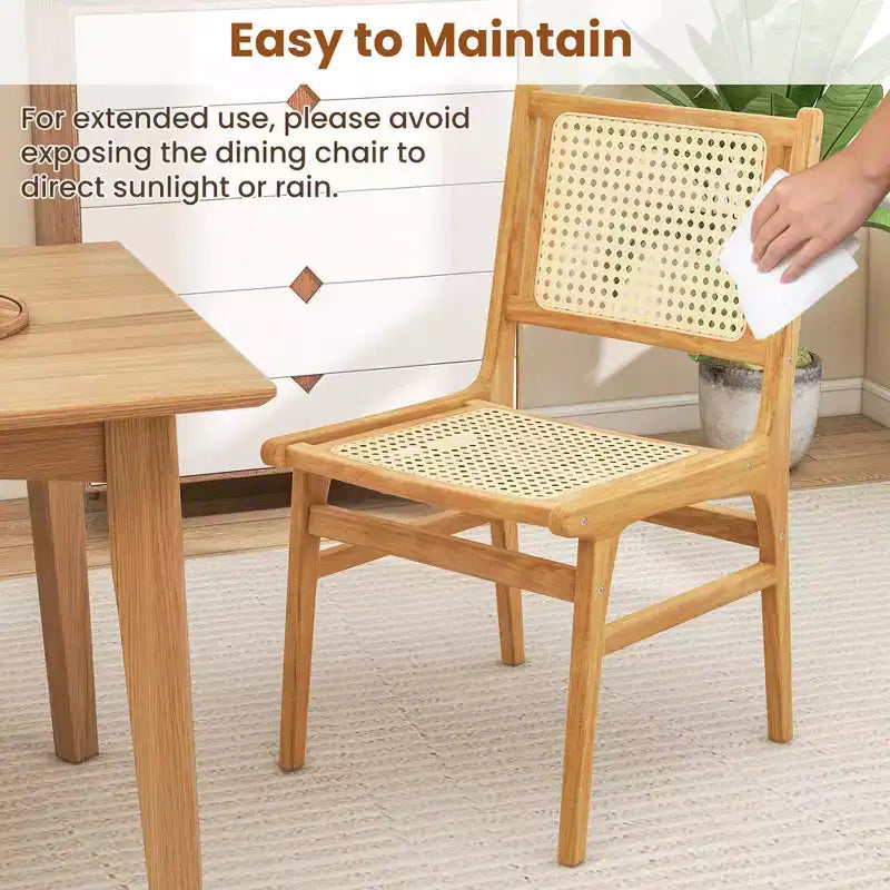 Costway Sedia da Pranzo 1/2 Pezzi in Rattan con Schienale e Seduta in Tessuto di Canna Naturale e Struttura in Legno di Teak