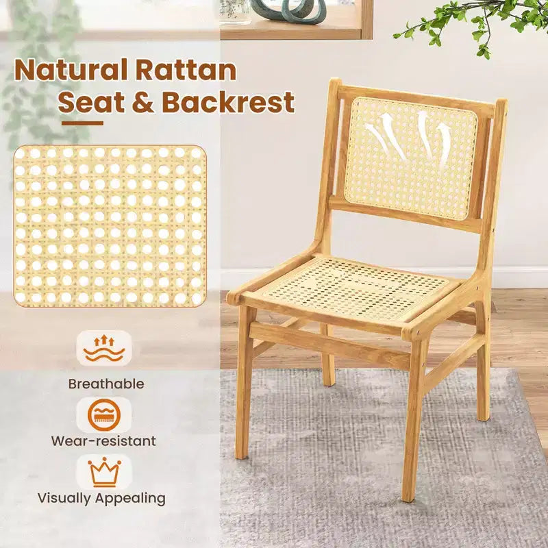 Costway Sedia da Pranzo 1/2 Pezzi in Rattan con Schienale e Seduta in Tessuto di Canna Naturale e Struttura in Legno di Teak