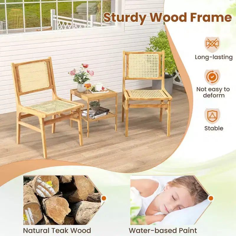 Costway Sedia da Pranzo 1/2 Pezzi in Rattan con Schienale e Seduta in Tessuto di Canna Naturale e Struttura in Legno di Teak