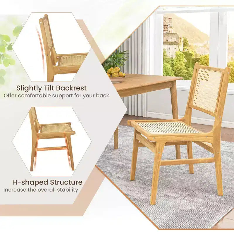 Costway Sedia da Pranzo 1/2 Pezzi in Rattan con Schienale e Seduta in Tessuto di Canna Naturale e Struttura in Legno di Teak