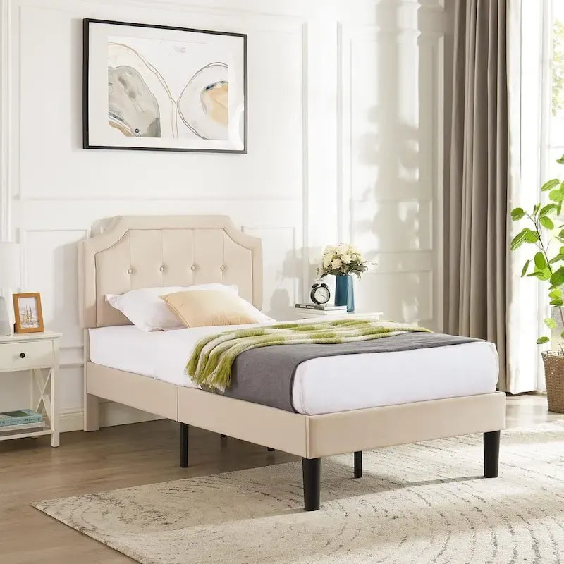 Base letto imbottita moderna con testiera regolabile – Beige / Blu / Grigio, singola / a una piazza e mezza / matrimoniale, per 1-2 persone