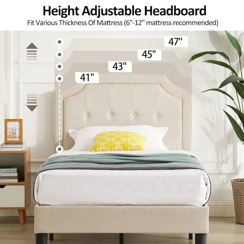 Base letto imbottita moderna con testiera regolabile – Beige / Blu / Grigio, singola / a una piazza e mezza / matrimoniale, per 1-2 persone
