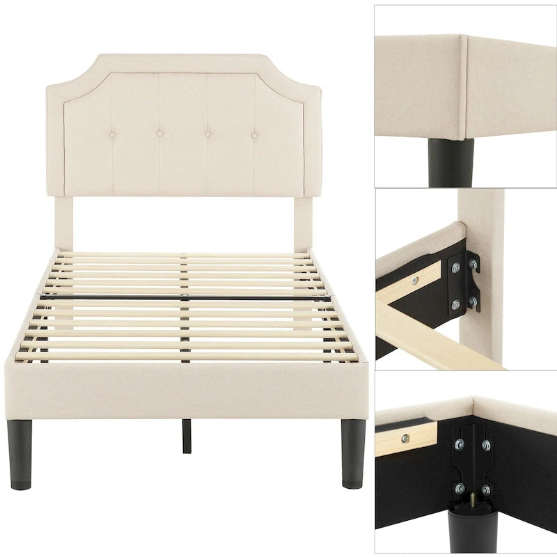 Base letto imbottita moderna con testiera regolabile – Beige / Blu / Grigio, singola / a una piazza e mezza / matrimoniale, per 1-2 persone