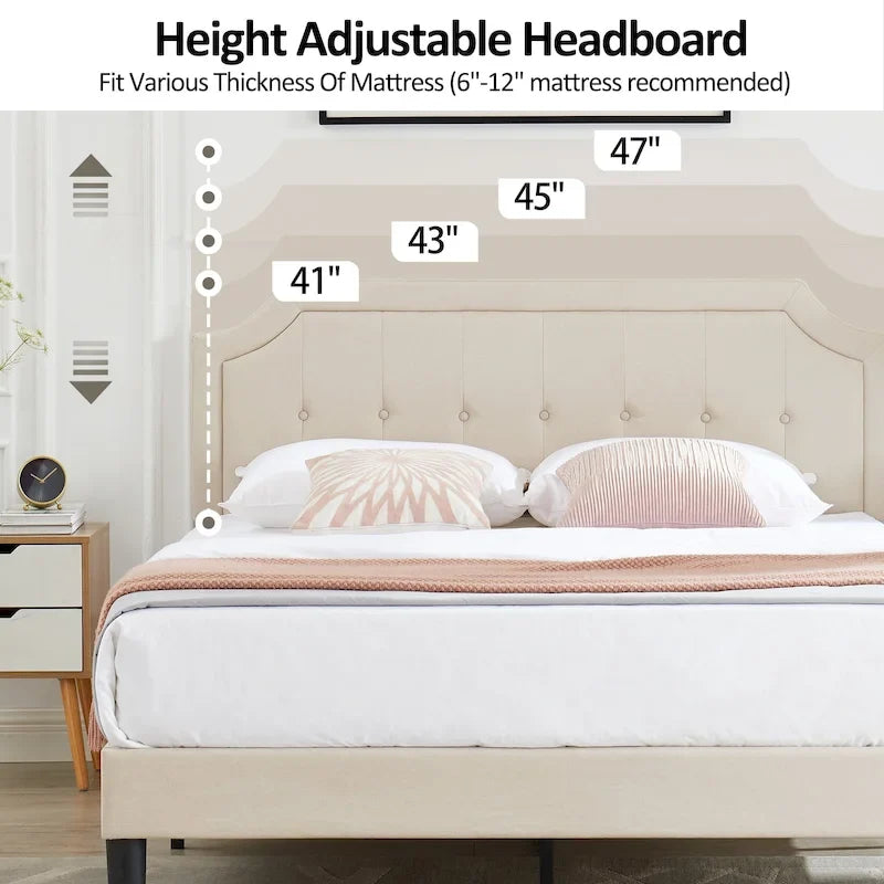 Base letto imbottita moderna con testiera regolabile – Beige / Blu / Grigio, singola / a una piazza e mezza / matrimoniale, per 1-2 persone