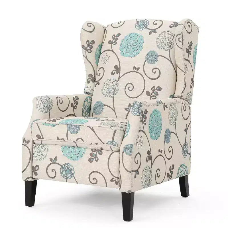 Christopher Knight Home Wescott Contemporary Fabric Wingback Pushback Recliner, Light Beige and Blue Floral