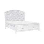 Letto matrimoniale con testiera capitonné in similpelle a rombi, retroilluminazione LED e 2 cassetti contenitore – Bianco / Argento, per 2 persone