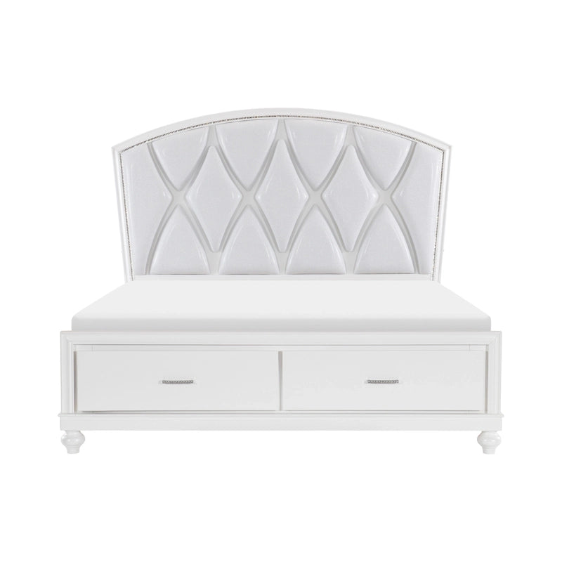 Letto matrimoniale con testiera capitonné in similpelle a rombi, retroilluminazione LED e 2 cassetti contenitore – Bianco / Argento, per 2 persone