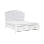 Letto matrimoniale con testiera capitonné in similpelle a rombi, retroilluminazione LED e 2 cassetti contenitore – Bianco / Argento, per 2 persone
