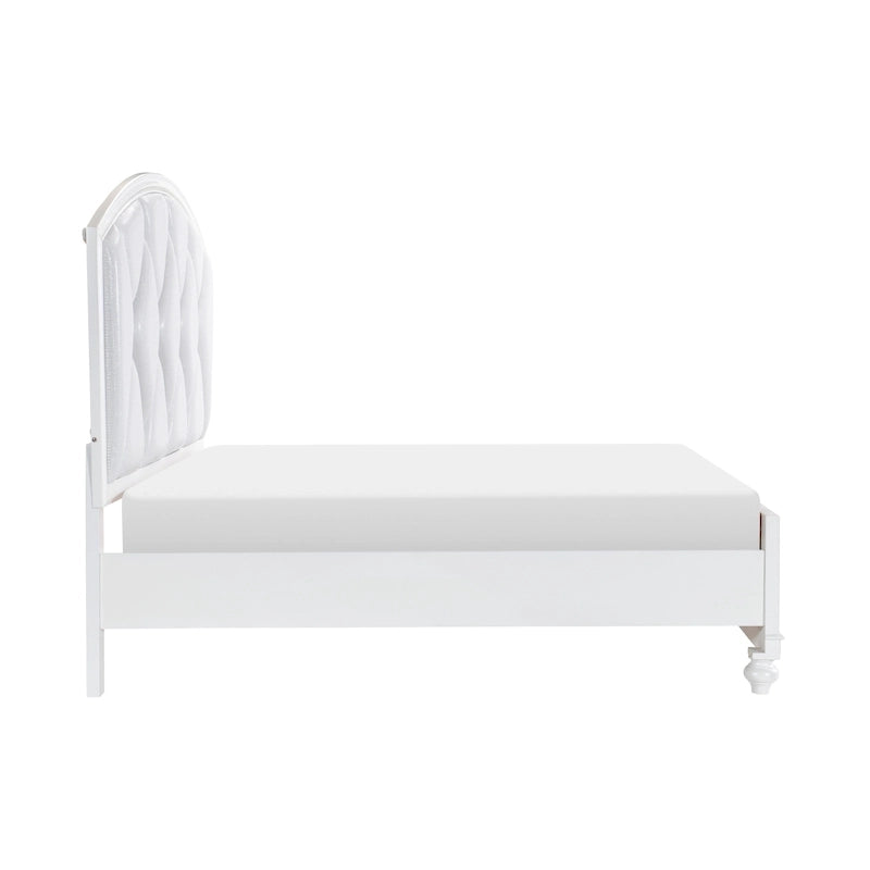 Letto matrimoniale con testiera capitonné in similpelle a rombi, retroilluminazione LED e 2 cassetti contenitore – Bianco / Argento, per 2 persone