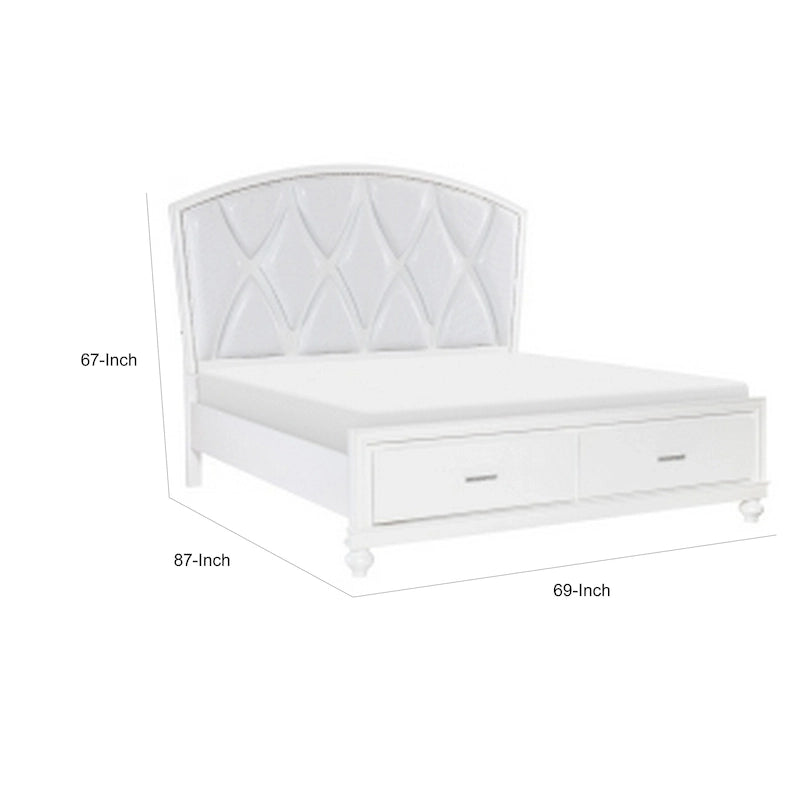 Letto matrimoniale con testiera capitonné in similpelle a rombi, retroilluminazione LED e 2 cassetti contenitore – Bianco / Argento, per 2 persone