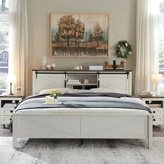 Struttura letto king size in stile rustico con testiera a libreria e stazione di ricarica – 5 colori, 2 posti letto