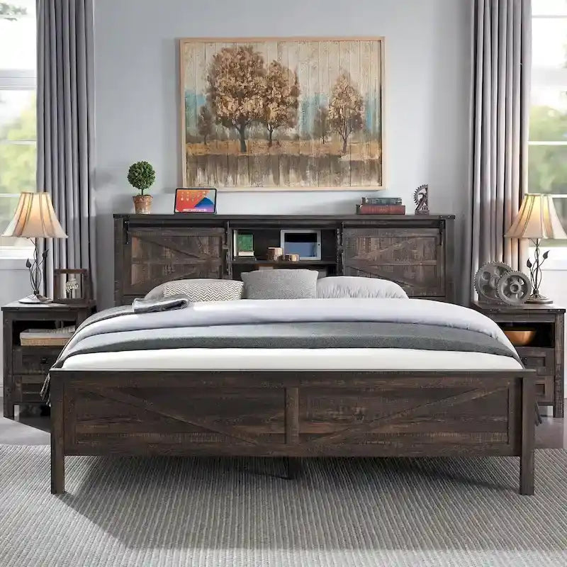 Struttura letto king size in stile rustico con testiera a libreria e stazione di ricarica – 5 colori, 2 posti letto
