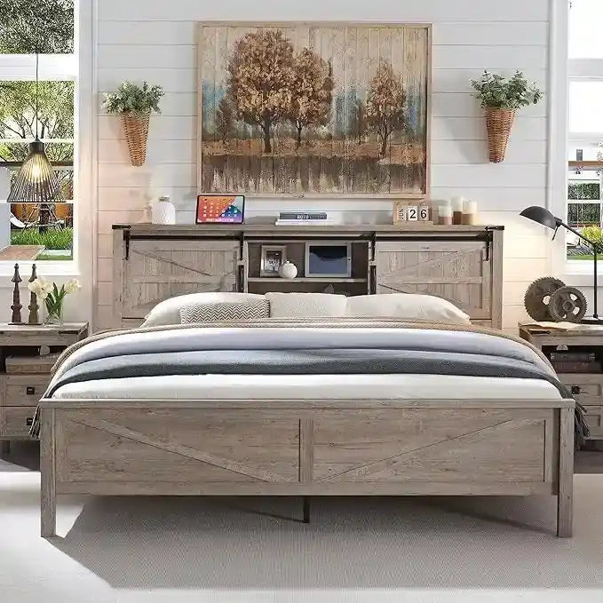 Struttura letto king size in stile rustico con testiera a libreria e stazione di ricarica – 5 colori, 2 posti letto