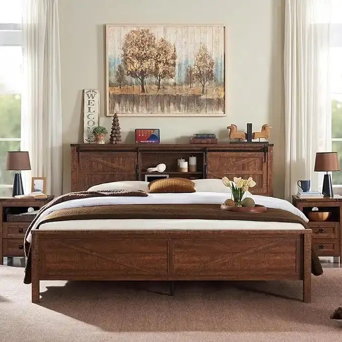 Struttura letto king size in stile rustico con testiera a libreria e stazione di ricarica – 5 colori, 2 posti letto