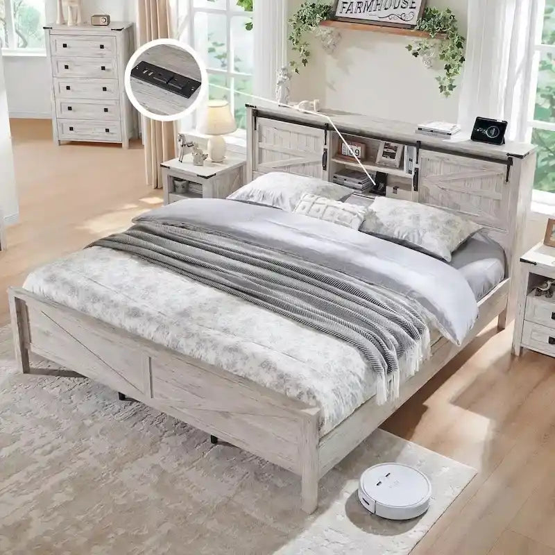 Struttura letto king size in stile rustico con testiera a libreria e stazione di ricarica – 5 colori, 2 posti letto