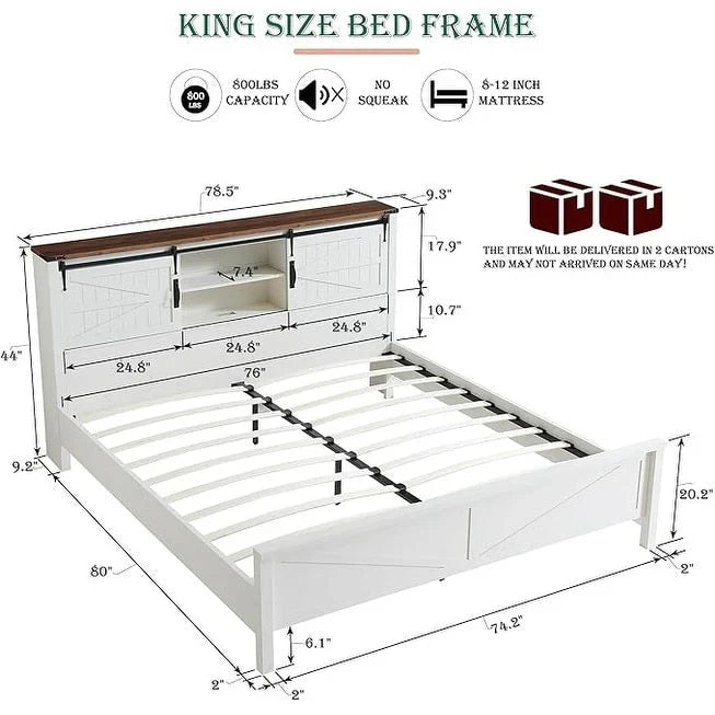 Struttura letto king size in stile rustico con testiera a libreria e stazione di ricarica – 5 colori, 2 posti letto