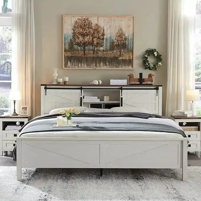 Struttura letto king size in stile rustico con testiera a libreria e stazione di ricarica – 5 colori, 2 posti letto