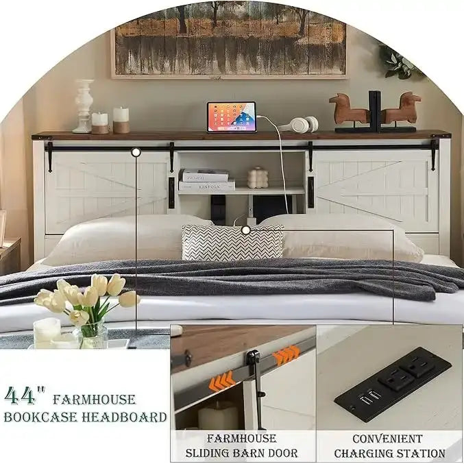 Struttura letto king size in stile rustico con testiera a libreria e stazione di ricarica – 5 colori, 2 posti letto