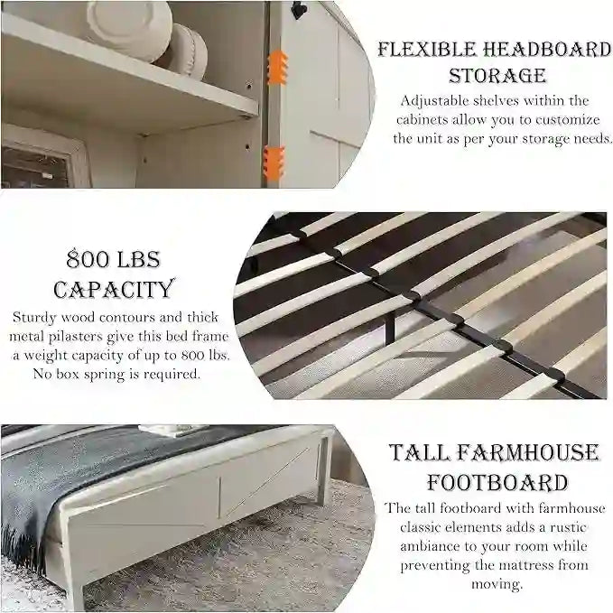 Struttura letto king size in stile rustico con testiera a libreria e stazione di ricarica – 5 colori, 2 posti letto