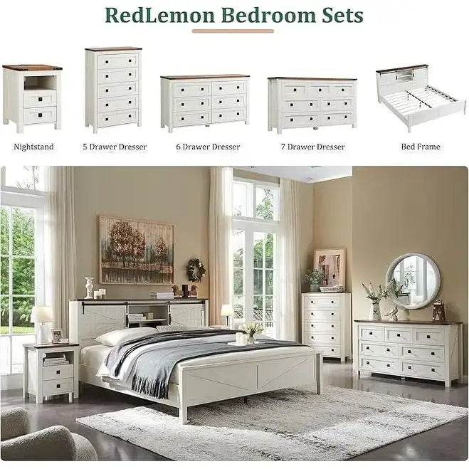 Struttura letto king size in stile rustico con testiera a libreria e stazione di ricarica – 5 colori, 2 posti letto