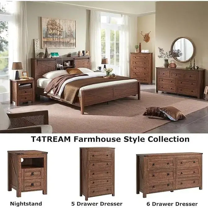 Struttura letto king size in stile rustico con testiera a libreria e stazione di ricarica – 5 colori, 2 posti letto