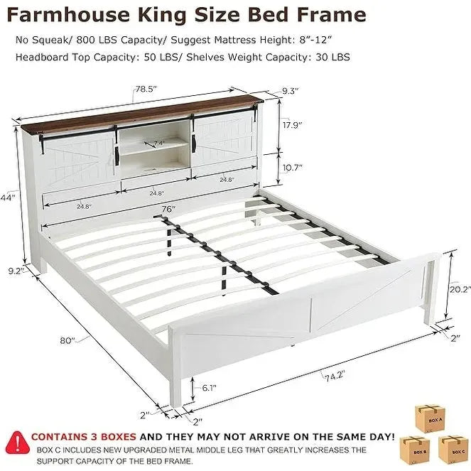 Struttura letto king size in stile rustico con testiera a libreria e stazione di ricarica – 5 colori, 2 posti letto