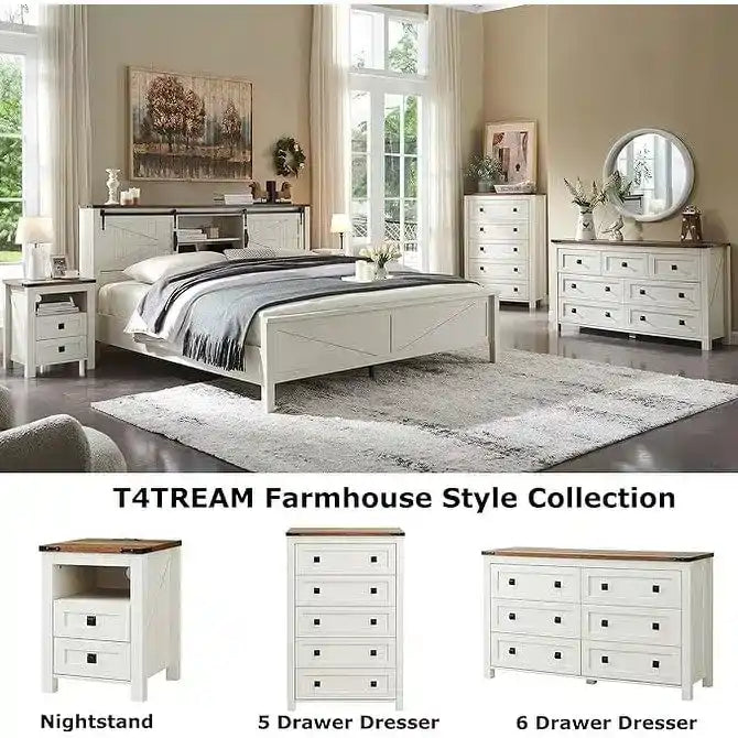 Struttura letto king size in stile rustico con testiera a libreria e stazione di ricarica – 5 colori, 2 posti letto