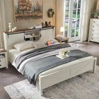Struttura letto king size in stile rustico con testiera a libreria e stazione di ricarica – 5 colori, 2 posti letto