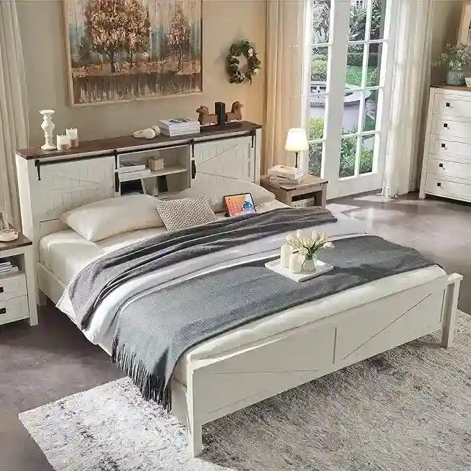 Struttura letto king size in stile rustico con testiera a libreria e stazione di ricarica – 5 colori, 2 posti letto