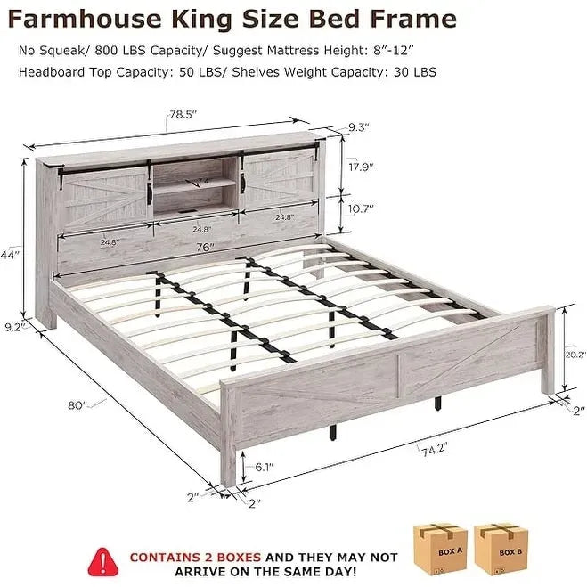 Struttura letto king size in stile rustico con testiera a libreria e stazione di ricarica – 5 colori, 2 posti letto