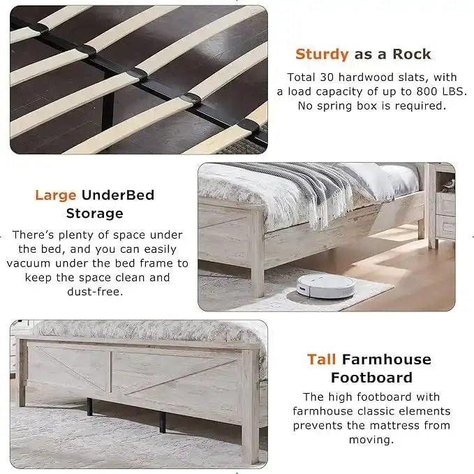 Struttura letto king size in stile rustico con testiera a libreria e stazione di ricarica – 5 colori, 2 posti letto