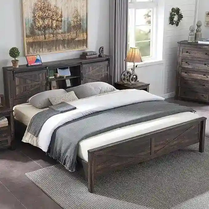 Struttura letto king size in stile rustico con testiera a libreria e stazione di ricarica – 5 colori, 2 posti letto