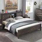 Struttura letto king size in stile rustico con testiera a libreria e stazione di ricarica – 5 colori, 2 posti letto