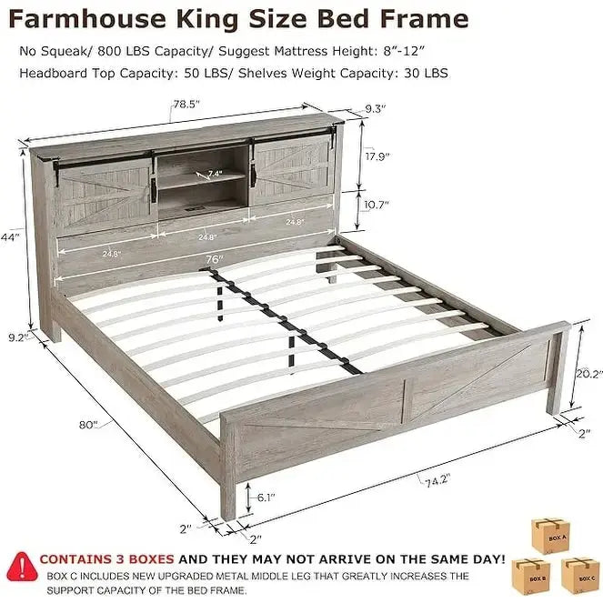 Struttura letto king size in stile rustico con testiera a libreria e stazione di ricarica – 5 colori, 2 posti letto