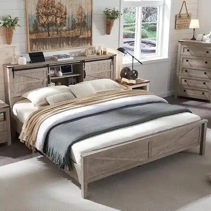 Struttura letto king size in stile rustico con testiera a libreria e stazione di ricarica – 5 colori, 2 posti letto
