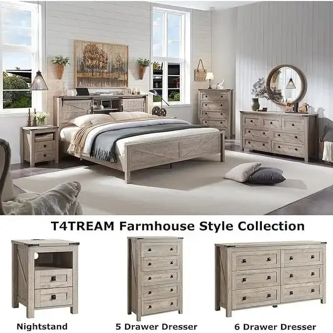 Struttura letto king size in stile rustico con testiera a libreria e stazione di ricarica – 5 colori, 2 posti letto